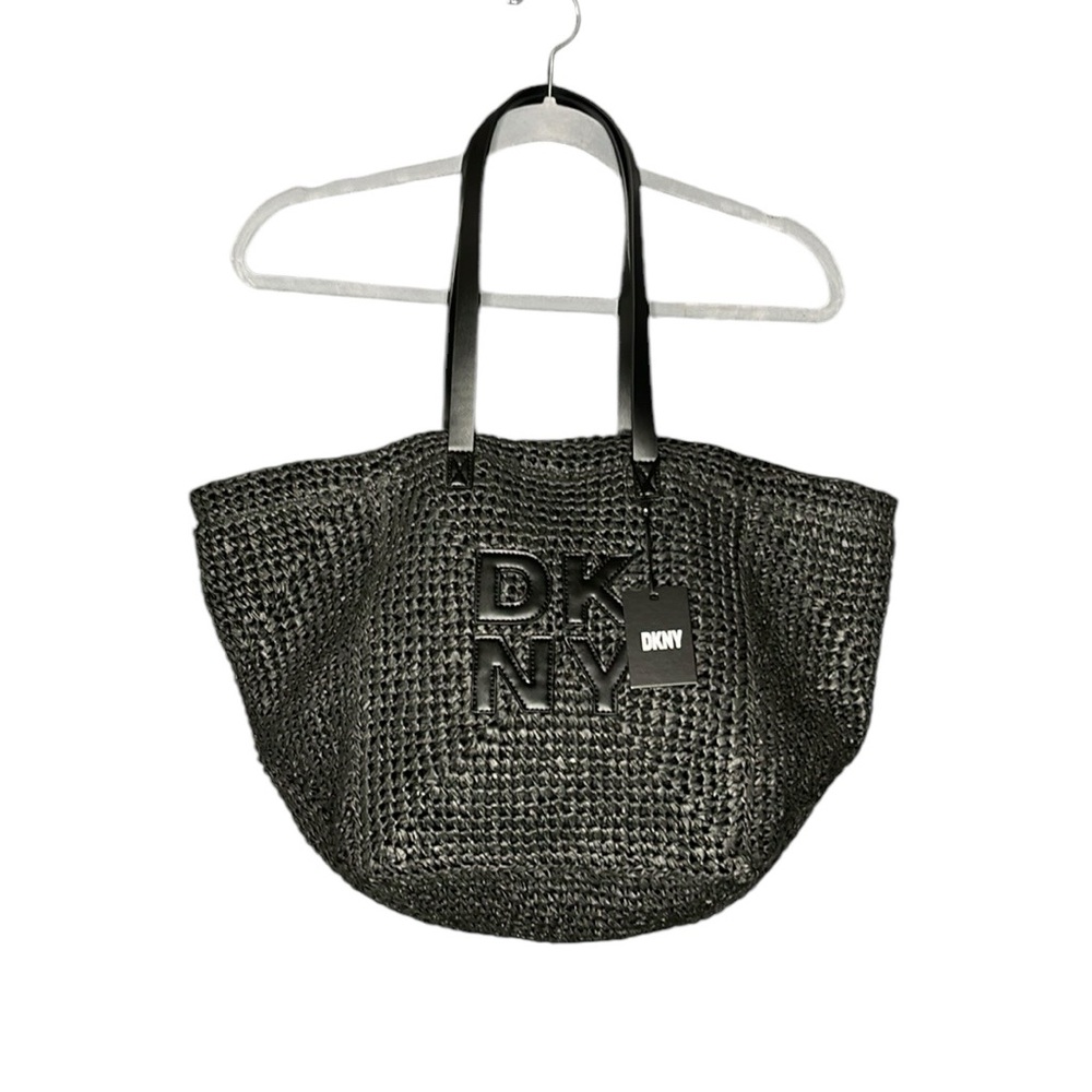 New Dkny Paloma Black Natural Weave With Stitched Logo Large Tote Bag